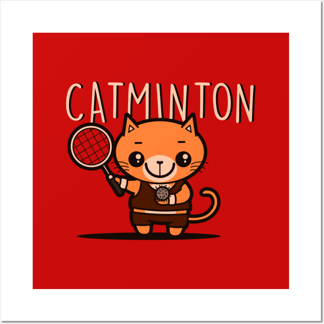 Catminton Original Cute Kawaii Pun Funny Sporty Cat Hairball Tennis Badminton Wall Art by BoggsNicolas